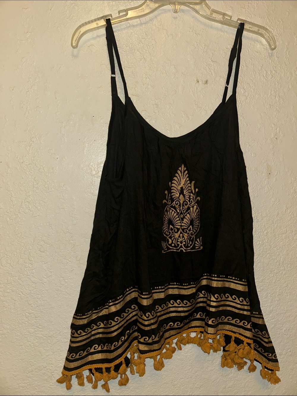 RHEA India Black Tank Top with Gold Trim and Tassels